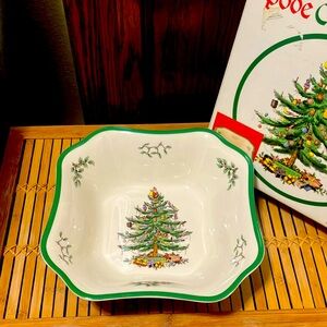 🎄🥗Spode Vintage Christmas Tree Square Salad Bowl Fine Dinnerware 9.5” England